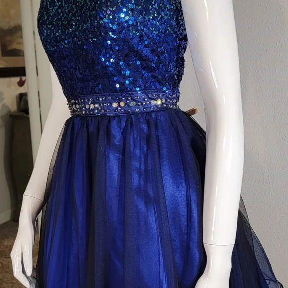 Blue Ombre Sequin Halter Dress w/ Beaded Waistband Prom Formal - Picture 2 of 13